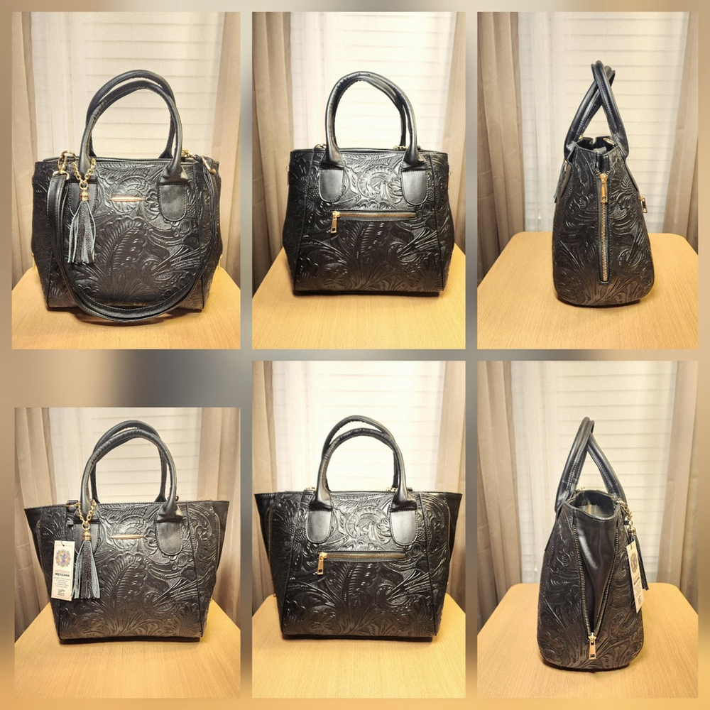 Black Zippered Floral Embossed Tooled Artisan LEATHER Hobo Bag Purse Artesanal - Picture 15 of 16
